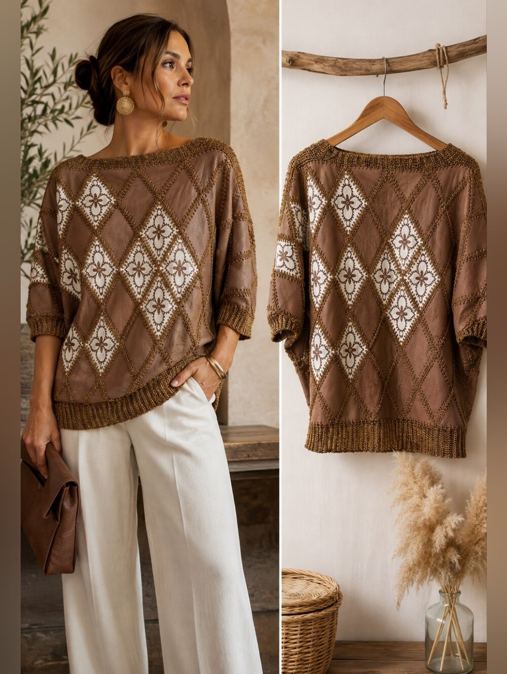 Artisan Leather Patchwork Top Boho Luxe Oversized Statement Crochet Stitching